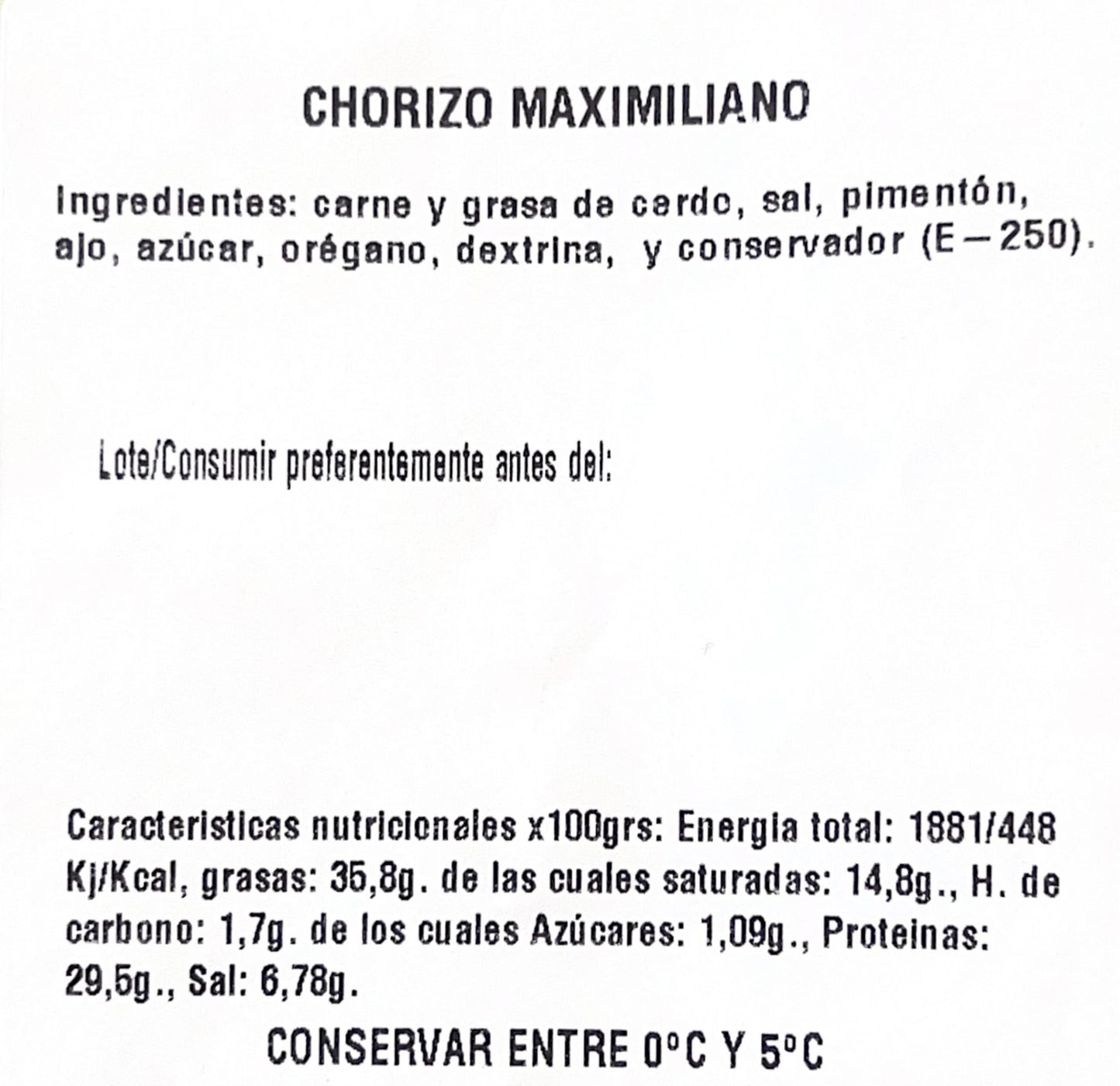 Caisse de 100 gr de Chorizo ​​Maximiliano tranchée à la machine